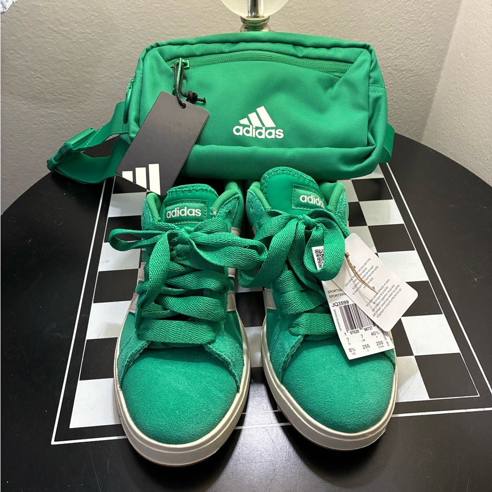 adidas Kids Green Suede Sneakers with Matching adidas Pouch